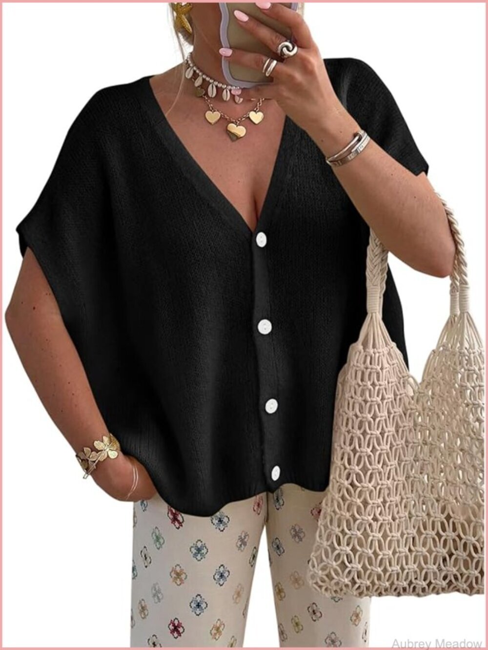 Oversized Batwing Short Sleeve Cardigan Lightweight Knit V Neck Button Down